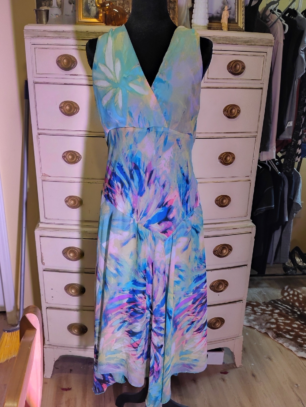 Rabbit Rabbit Rabbit Aqua Blue Multi Floral Watercolor Asymmetrical Dress